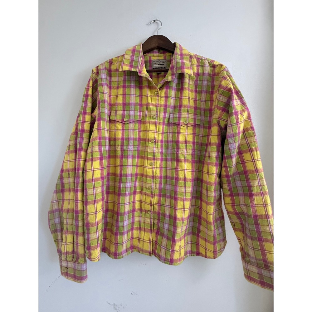Powder River Outfitters Plaid Snap Western Shirt Yellow Pink Green XL 2254512